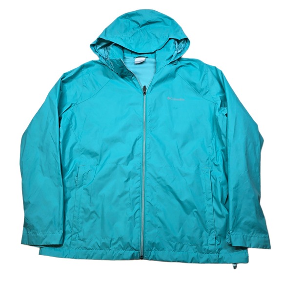 Columbia Packable Rain Jacket Womens 2X Plus Aqua Blue Hooded Lightweight - Picture 1 of 12